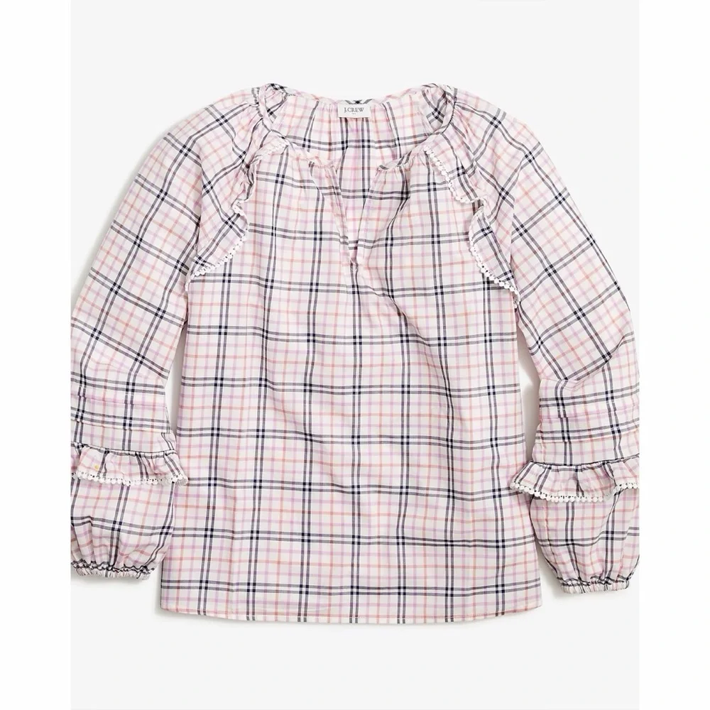 J. Crew Plaid Ruffle Trim Peasant Top